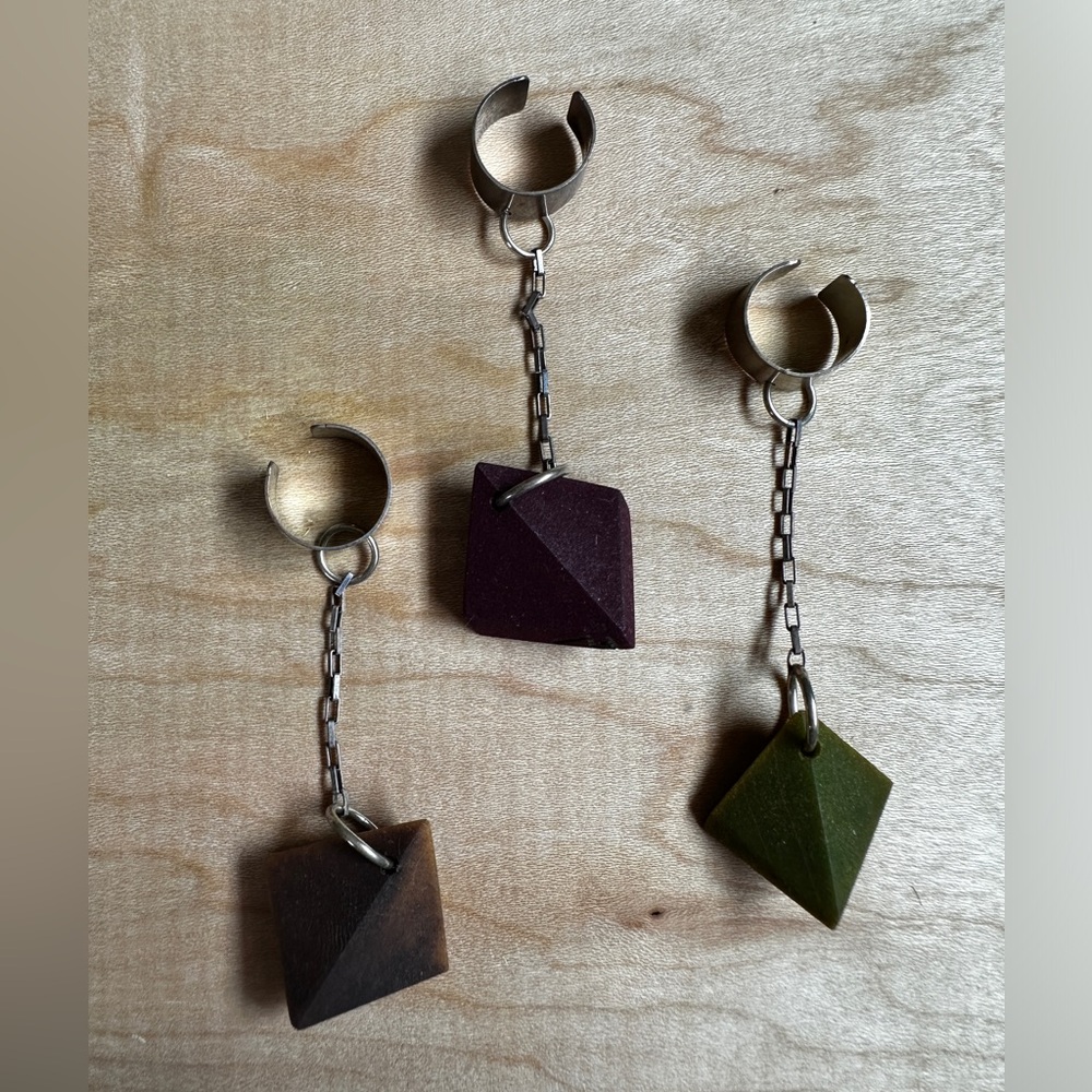 3 wood ear cuffs - purple, green and wood